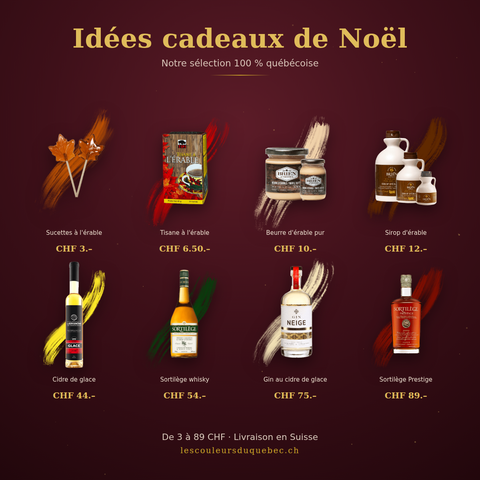 Idées cadeaux de Noël québécois : sélection de produits du Québec de 3 à 89 CHF — sirop d'érable, Sortilège, cidre de glace